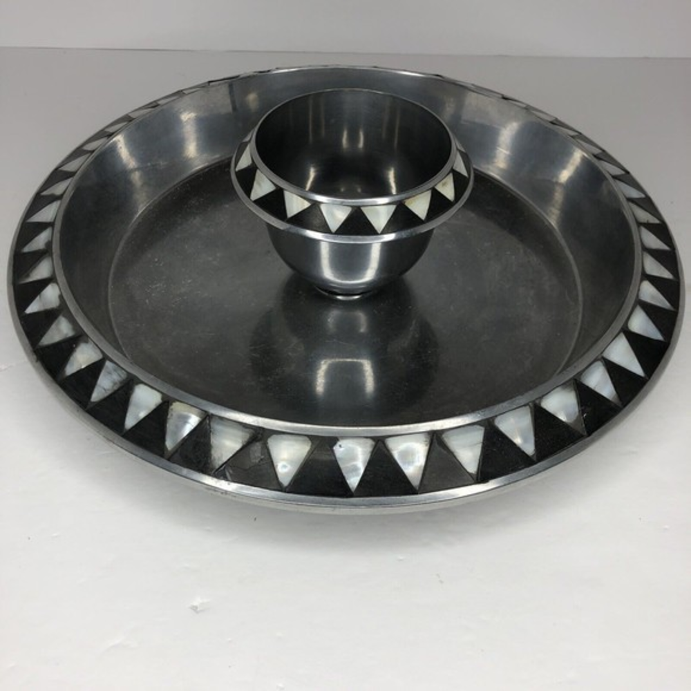 Large Towle Silversmiths Metal Platter Dip Tray Mother of Pearl Inlay 13"
